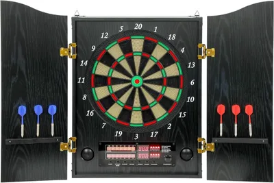 Produktbild von Dartscheibe elektronisch mit Schrank, LED-Anzeige, 6 Softdarts, 25 Spiele