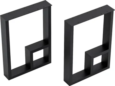 Two black metal table legs with a modern, geometric design, shown from a slightly angled perspective against a white background.