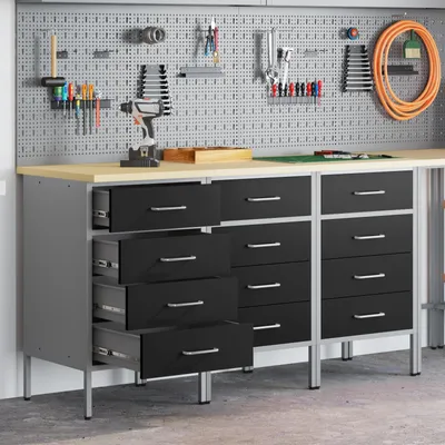 Immagine prodotto di vidaXL Banco da lavoro con cassetti 3 pezzi Nero e grigio 150 x 55 x 85 cm