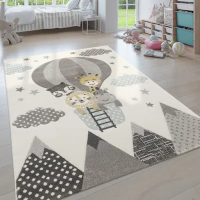 Produktbild von Kinderzimmer Teppich Blau Grau Heißluftballon Wolken Tiere 3-D Design Pastell Grösse 140x200 cm