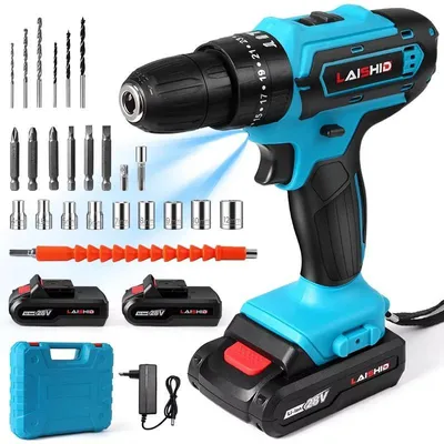 Image de Perceuse-visseuse sans fil 21V - Kit perceuse à percussion - Couple de 32 Nm - 2 vitesses : 350/1350 tr/min - Batterie rechargeable incluse - Pour bois et métal - Noir