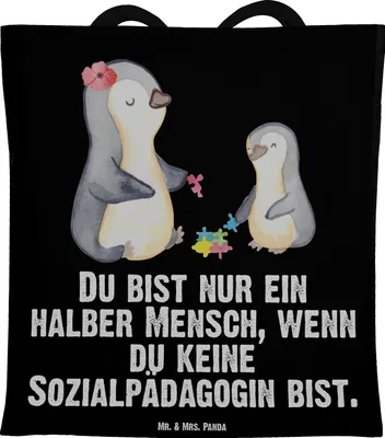 Produktbild von Mr. & Mrs. Panda Schultasche Sozialpädagogin Herz - Schwarz - Geschenk, Einkaufstasche, Tasche, Tote Bag, Tragetasche, einkaufsshopper