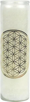 Produktbild von Kerze im großen Glas - Weiß + Blume des Lebens mit Duft - Höhe ca. 21 cm