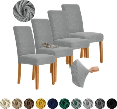 Produktbild von MEBLE ODNOWA, Stuhlhusse, Stuhlbezug, Standardgröße, Jacquard, Hellgrau , 4er Set, Karostruktur, elastisch, Stuhlbezüge, Stuhlhussen, maschinenwaschbar