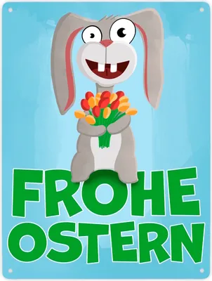 Produktbild von Frohe Ostern Metallschild XXL in 28x38 cm mit lustigem Osterhasen