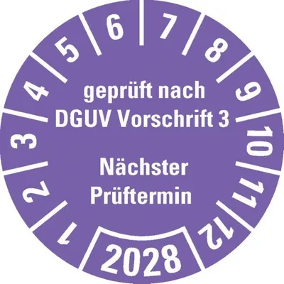 Produktbild von Dreifke® Prüfplakette gepr.n.DGUV Vorschr.3 NP 28, violett, Dokufolie, Ø 25mm...