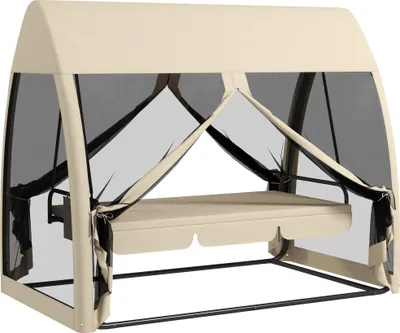Image de Outsunny Balancelle de jardin convertible 3 places, balancelle d'extérieur avec auvent et coussins, filet avec fermetures éclair, poche, pour jardin, cour, beige