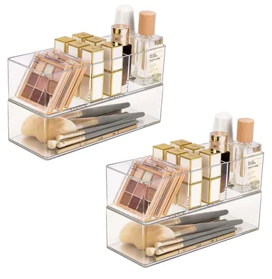 Produktbild von Set aus 4 Acryl-Schubladenorganizern, transparente Aufbewahrungsboxen für Make-up, Schmuck und Bürobedarf, stapelbar für Schminktisch, Badezimmer oder Küchentheke, 2 mit 1 Fach und 2 mit 3 Fächern.