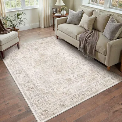 Productafbeelding van Vloerkleed - 140 x 200 cm - Rubber - Vintage oosters - Antislip - Machinewasbaar - Beige