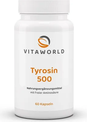 Produktbild von Vitaworld Tyrosin 500 mg | 60 Kapseln | 500 mg L-Tyrosin pro Kapsel | hergestellt in Deutschland | vegan