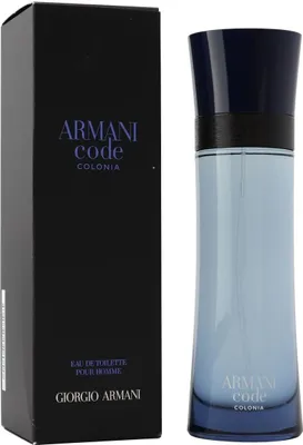 Armani Code Colonia Eau de Toilette in schlanker, blauer Flasche mit dunkelblauem Deckel neben schwarzer Box mit blauem Schriftzug.