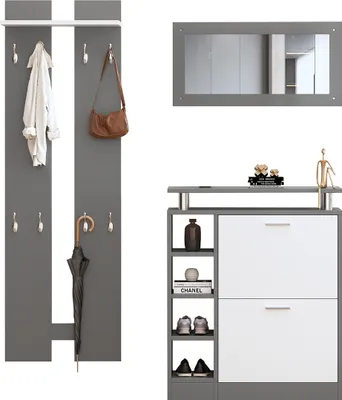 Produktbild von Garderobenset inkl. Spiegel, 2 Wandpaneelen, einer Regalwand und einem Schuhschrank Flurgarderobe Flurmöbel Wandgarderoben-Set 80 x 25 x 96.5 cm