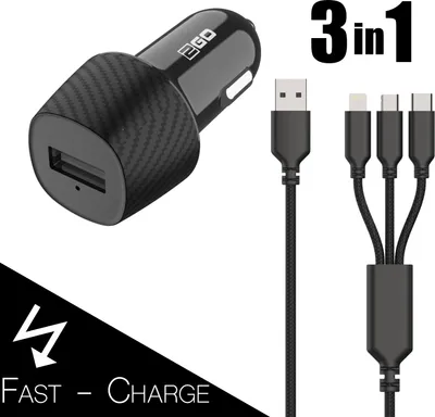 Produktbild von 2GO KFZ-Ladegerät 3000mA 3in1 Micro-USB, Lightning, USB-C sw