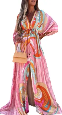 Produktbild von Strandkleid Printed Split Hem Damen Tiefer V-Ausschnitt Taille Krawatte Knöpfe Kleid für Strand Rosa XL