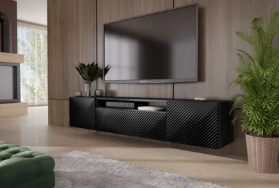 Obrázek produktu pro TV skříňka Kaja TV skříňka TV lowboard 200 cm frézovaná čela moderní design třídveřová obývací stěna (barva: černá )