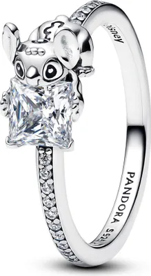 A close-up studio shot of a Pandora Disney Stitch ring.