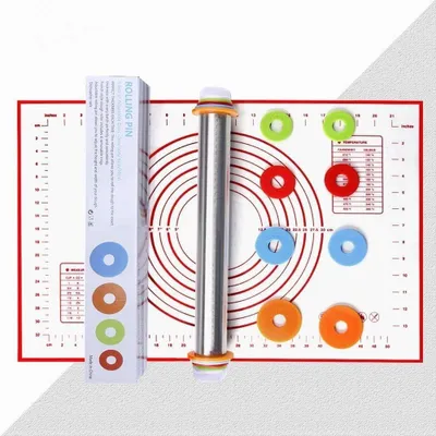 Image de Rouleau à pâtisserie en acier inoxydable réglable avec tapis de cuisson en silicone et 4 anneaux d'épaisseur