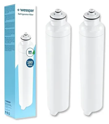 Two refrigerator water filters are displayed, one on its packaging.