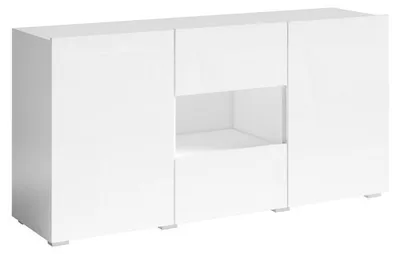 Image de Commode "Delos", meuble de rangement avec 3 portes, dimensions 136,5 x 37,5 x 69 cm, finition blanche brillante