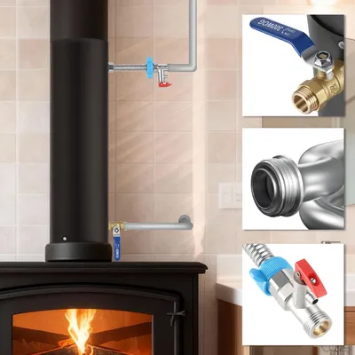 Immagine prodotto di Tubo camino Izrielar Ø15 cm con serpentina di riscaldamento in acciaio inox, altezza 52,5 cm, set completo di valvola a sfera, valvola di sicurezza e accessori - Efficiente scambiatore di calore per acqua calda e supporto al riscaldamento