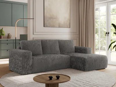 Produktbild von MKS MEBLE Sofa mit Schlaffunktion - Ecksofa mit Schlaffunktion und Bettkasten - Sofa 3 Sitzer - Schlafsofa - Couch - Schlafsofa mit Bettkasten - Trentino L - Dunkelgrau Cord - Links