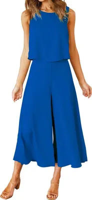 Image de ASKSA Femme Tenue d'été 2 pièces Sans manches Col rond Débardeur Pantalon ample Tenue de loisir 2 pièces, Bleu roi, L