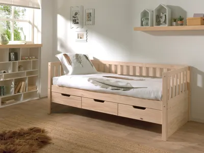 Produktbild von Vipack - Kojen Bett Fritz mit Sprossenumrandung, 3 Schubladen u. Rolllattenrost, Liegefläche 90 x 200, Ausf. Milky White lackiert