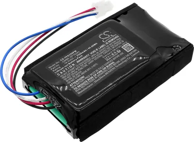 A close-up view of a black lithium-ion battery pack with wires and a white connector.