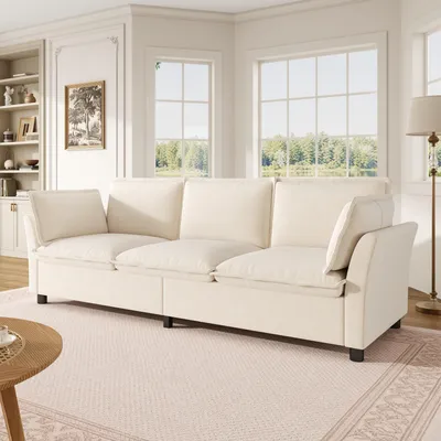 Produktbild von Merax 3-Sitzer Sofa modern, Chenille Cloud Soffa mit Metallrahmen, weiche Polster & 2 Armlehnenkissen, Wohnzimmer Schlafzimmer Loungesofa, Beige