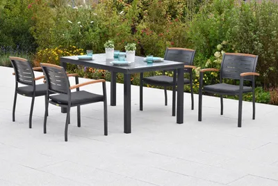 Produktbild von Merxx Gartenmöbel Set Tinos 9tlg., 4 Stapelsessel, 4 Sitzkissen, Ausziehtisch 150 (200) x 90 cm-Aluminium/Akazie