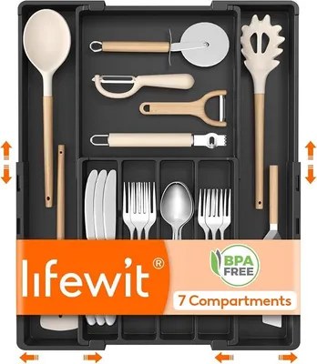 Produktbild von PolkaHome® Besteckkasten für Küchenschublade, Organizer aus Kunststoff, Aufbewahrung für Messer, Gabeln und Löffel, 4 bis 7 Fächer,