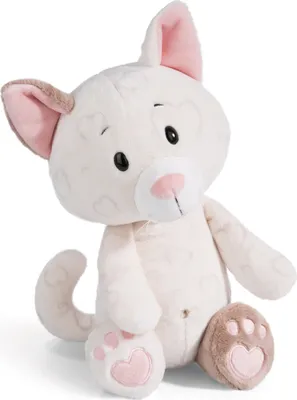 A plush toy cat sitting against a white background.