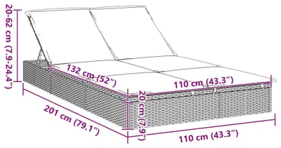 Imagen del producto de Tumbona de exterior para 2 personas con cojín, color negro, de ratán sintético