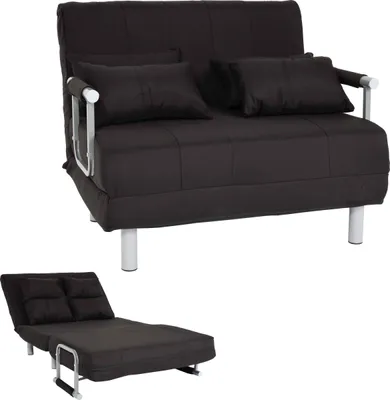 A dark brown sofa bed is shown in two configurations: as a sofa with pillows and as a reclined bed.