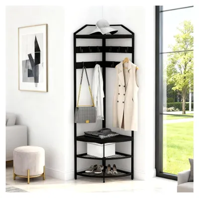 Produktbild von Eckgarderobe mit Schuhbank, 12 Haken, platzsparend, multifunktionales Design, geeignet für Flur, Wohnzimmer, Schlafzimmer, Büro, Eingang, Kleidung, Hüte, 4 Ebenen, Schwarz