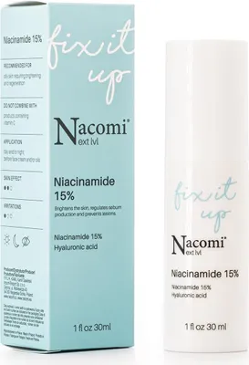 A product box and bottle of Nacomi Next Level Niacinamide 15% serum.