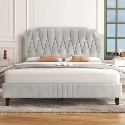 Produktbild von Yaheetech Polsterbett mit höhenverstellbarem Kopfteil Doppelbett 140×200cm Stoffbett Jugendbett Gepolstertes Bett Bettrahmen mit Lattenrost Beige