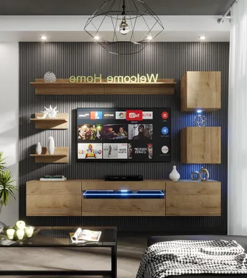 Produktbild von Furnitech Wohnwand Wohnzimmer, Möbel, Hängend Wohnwand Modern, Schrankwand mit Regale, TV Schrank, 191 cm, Eiche Gold M27-24M-DZ4 1A mit LED weiß