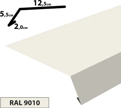 A diagram showing the dimensions of a metal profile, likely a gutter or flashing, with a portion of the product shown in perspective.