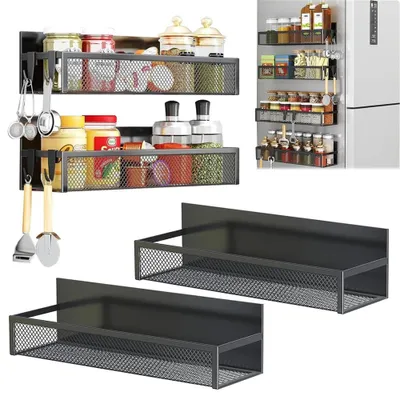 Image de Panier de rangement magnétique - Organisateur de cuisine - Lot de 4 - Grille perforée - 8 crochets - Fixation murale - Acier - Pour épices et ustensiles de cuisine