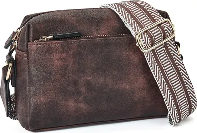 Produktbild von OKWISH Umhängetasche Damen Kleine, Crossbody Bag Damen Leder mit Breitem Gurt Moderne Kleine Umhängetasche mit Kartenschlitz Abnehmbar Schultergurt braun