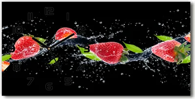 Produktbild von Wanduhr aus Glas – 60x30 cm - Glasbild - Glasuhr - Gehärtetes Glas - schwarze-zeiger - Erdbeeren und Wasser