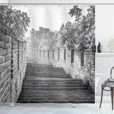 Immagine prodotto di ABAKUHAUS China Tenda da doccia, panorama in bianco e nero dell'antica rovina culturale tradizionale di Markstein, 175 x 200 cm, grigio