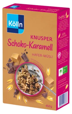 Zdjęcie produktu dla Kölln Chrupiące musli owsiane z czekoladą i karmelem, pełnoziarniste, chrupiące, 450 g
