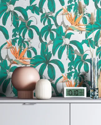 Produktbild von NEWROOM Tapete Grau Vliestapete Dschungel - Mustertapete Modern Grün Orange Blätter Affe Dschungeltapete Floral Bananenblatt