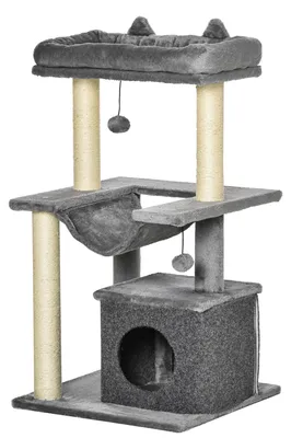 Image de Arbre à grimper avec cachette, griffoir pour chats de 90 cm, hamac, sisal, peluche, gris | Panneau de particules | Pour chats jusqu'à 4 kg | 48x48x90 cm
