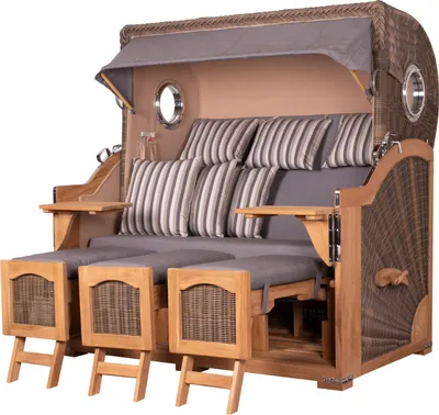 Produktbild von Strandkorb - bene living - Ammersee Grande XXL Teak Bullauge - PE grau - Modell 544 - 3-Sitzer inkl. Liftersystem