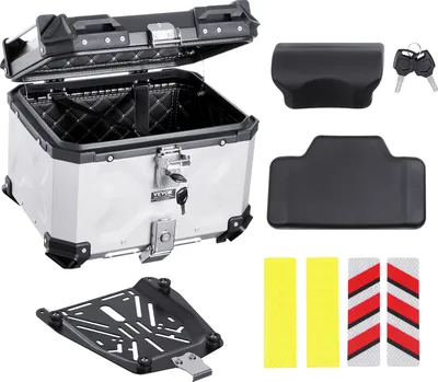 Immagine prodotto di VEVOR bauletto moto bauletto moto 45 L in lega di alluminio con rivestimento in pelle, bauletto moto rimovibile con serratura e imbottitura posteriore, portacasco (435 x 378 x 348 mm) argento