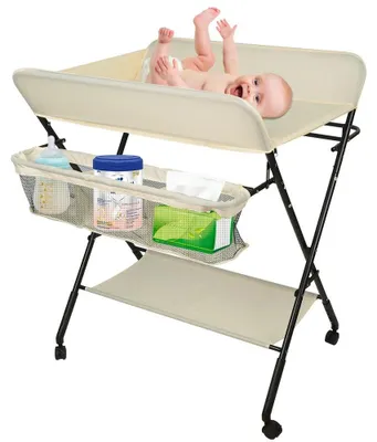 Produktbild von Baby Wickeltisch - Mobiler Wickelständer mit Rollen - Klappbar - Höhenverstellbar - Metallgestell - Sicherheitsgurt - Ablagefächer - Beige