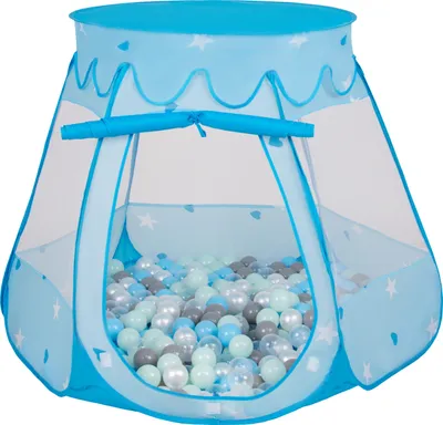 Produktbild von Selonis baby spielzelt mit plastikbällen zelt 105x90cm/600 bälle plastikkugel kinder, blau:perle-grau-transparent-babyblau-mint